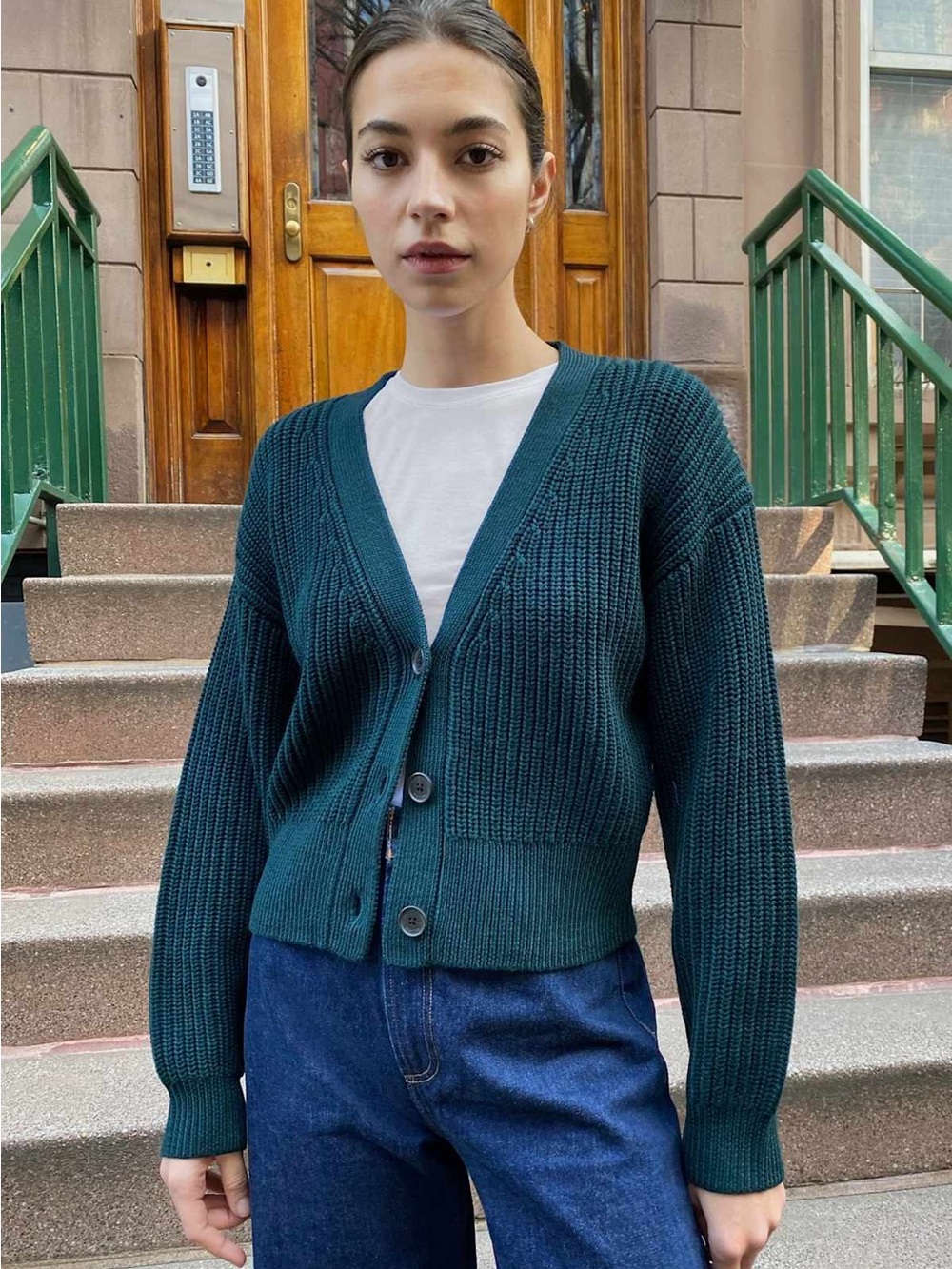Aritzia Babaton Canberra Merino Wool Cardigan Size Small Scarab Green Preppy EUC